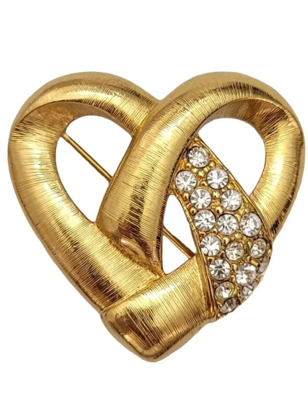 Monet Brushed Gold Tone Clear Rhinestone Vintage Open Heart Brooch, Signed E263